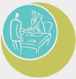 Teal circle with image of woman and man shaking hands