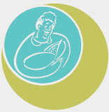 Teal circle with woman holding baby