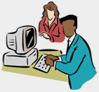 Graphic of man at computer with woman in distance